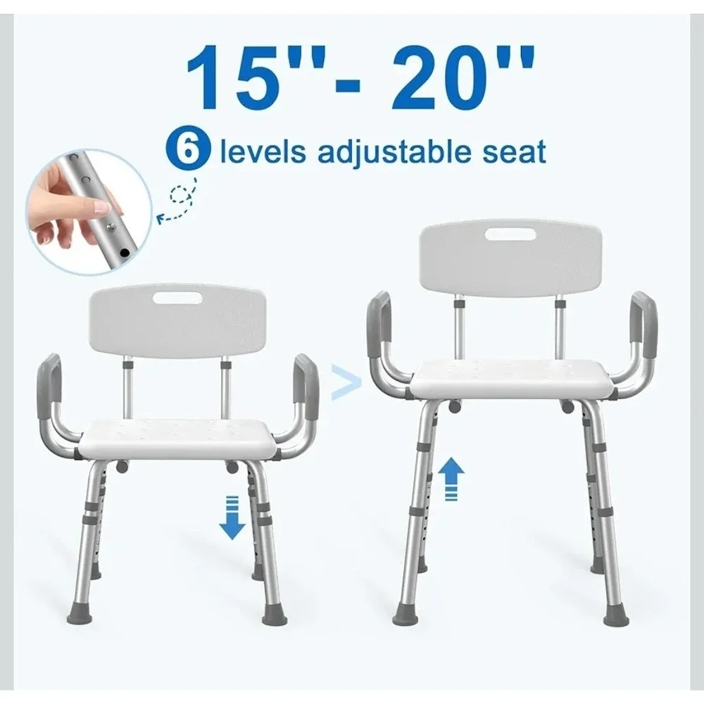 Shower/Bath Chair‎ Adjustable Height w/ Backrest & Armrests, White/Gray